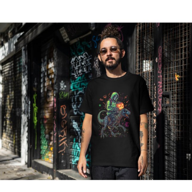 Camiseta Ciberneón Skeleton Riding Robo Dino - Halloween (Subido por el creador)