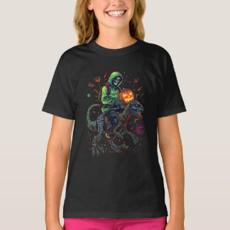 Camiseta Ciberneón Skeleton Riding Robo Dino - Halloween