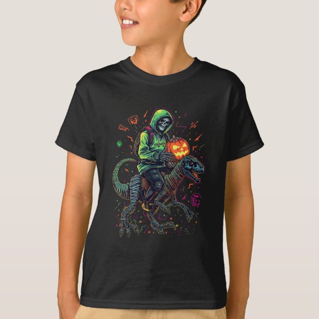 Camiseta Ciberneón Skeleton Riding Robo Dino - Halloween (Anverso)