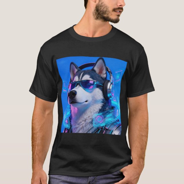 Camiseta Ciberpunk Husky Avatar Tech Neon Perro Guapo y Gen (Anverso)