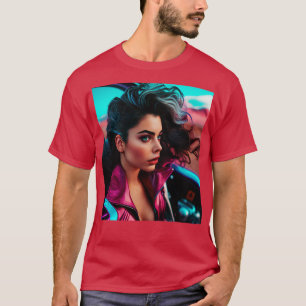 Camiseta Ciberpunk Outrun mujer futurista generación de IA