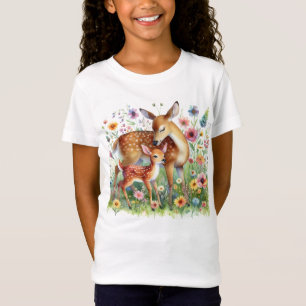 Camiseta Cierva y cervatillo de pie en flores silvestres pa