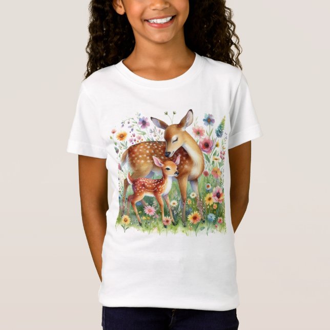 Camiseta Cierva y cervatillo de pie en flores silvestres pa (Anverso)