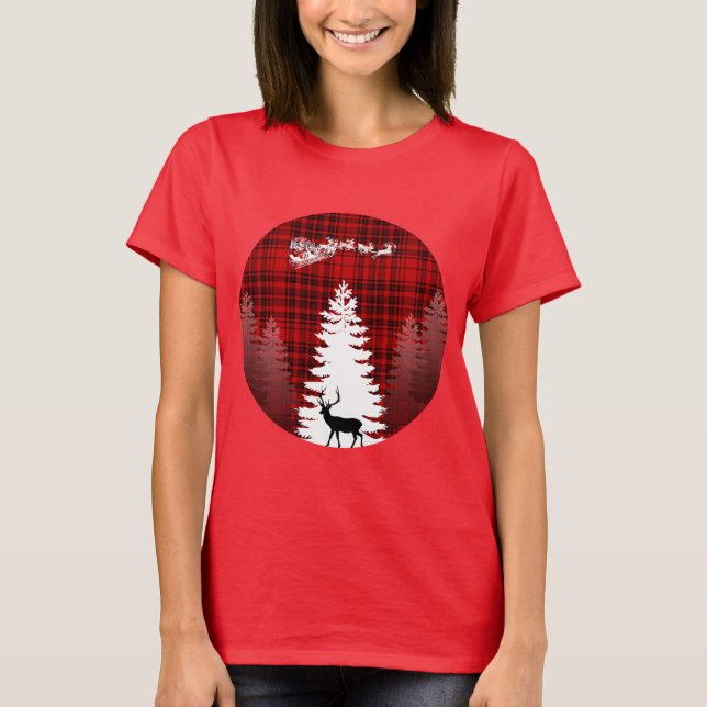 Camiseta ciervo de santa navidad árbol rojo cuadros escoces (Anverso)