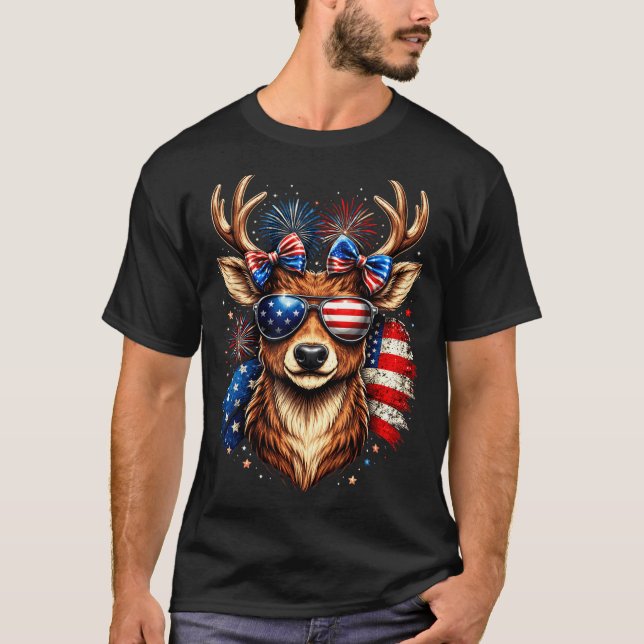 Camiseta Ciervo macho patriótico gafas de sol bandera ameri (Anverso)