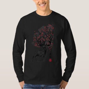 Camiseta Ciervo Sakura Árbol Sumi E Flores Acuarela Japones