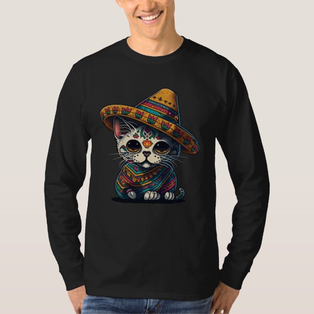 Camiseta Cinco De Mayo Sugar Skull Cat Sombrero Mexican (Anverso)