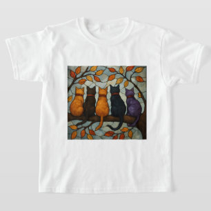 Camiseta Cinco Gatos en una Rama de Árbol Estilo Vidrio Pin