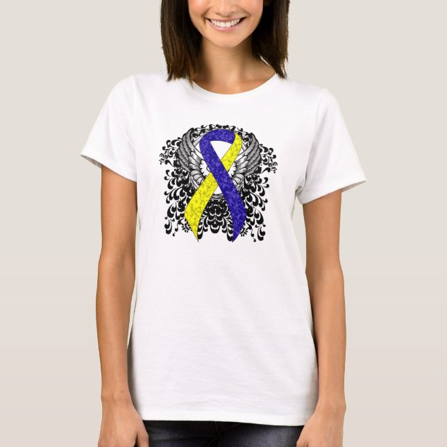 Camiseta Cinta de conciencia azul y amarilla con alas (Anverso)