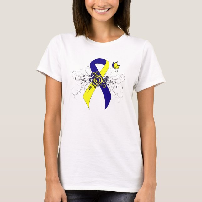 Camiseta Cinta de conciencia azul y amarilla con mariposa (Anverso)