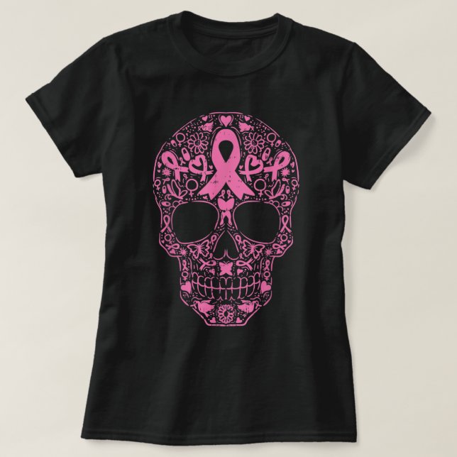 Camiseta Cinta rosa de cráneo de azúcar Calavera Cáncer de  (Diseño del anverso)