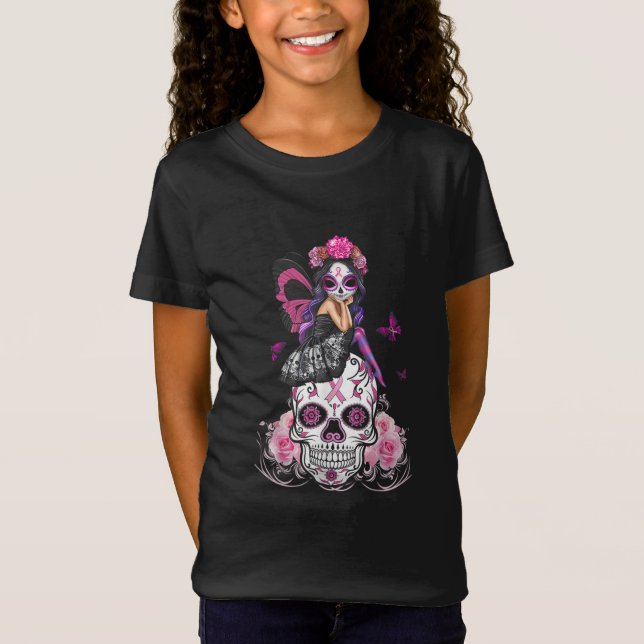 Camiseta Cinta rosa de la mariposa de la cráneo del azúcar  (Anverso)