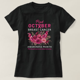 Camiseta Cinta rosa floral Concienciación sobre el cáncer d