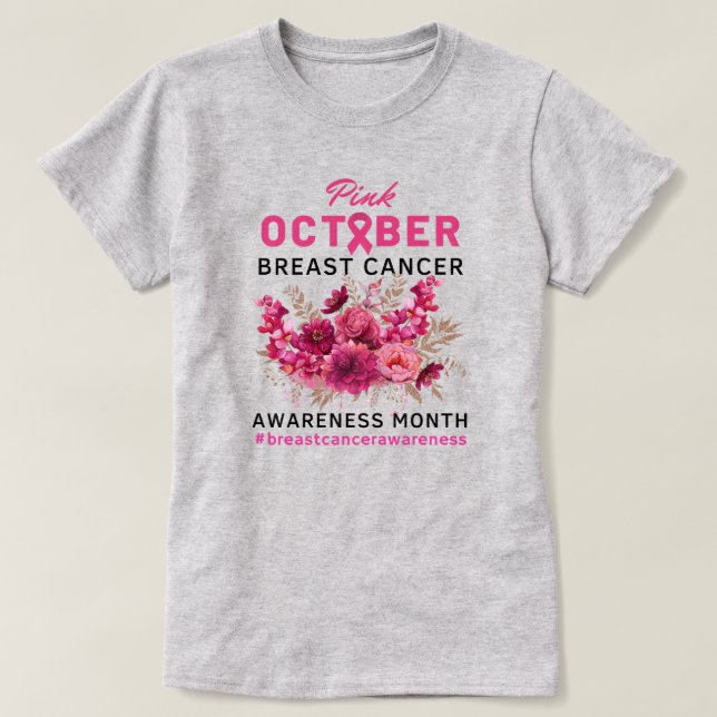Camiseta Cinta rosa floral Concienciación sobre el cáncer d (Diseño del anverso)