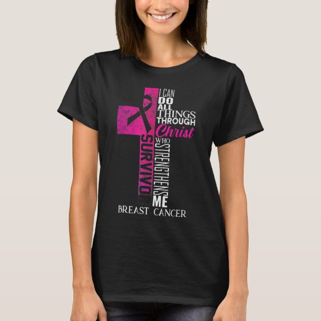 Camiseta Cinta rosa Sobreviviente de cáncer de mama Cruz cr (Anverso)