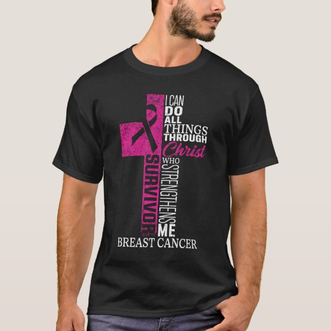 Camiseta Cinta rosa Sobreviviente de cáncer de mama Cruz cr (Anverso)