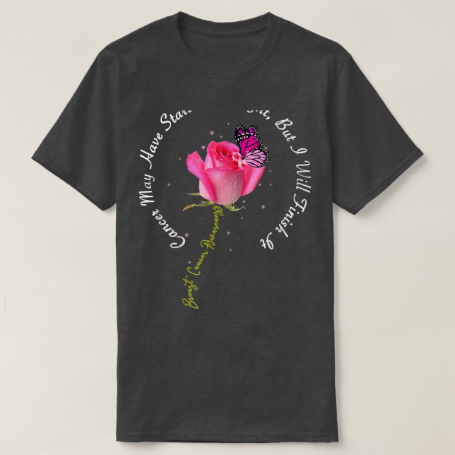 Camiseta Cinta rosada Rosa de mariposa de la cita del cánce (Diseño del anverso)