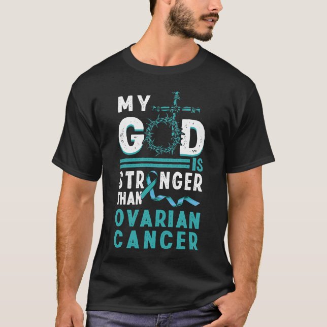 Camiseta Cinta Verde azulada del Cáncer Mi Dios Más Fuerte  (Anverso)