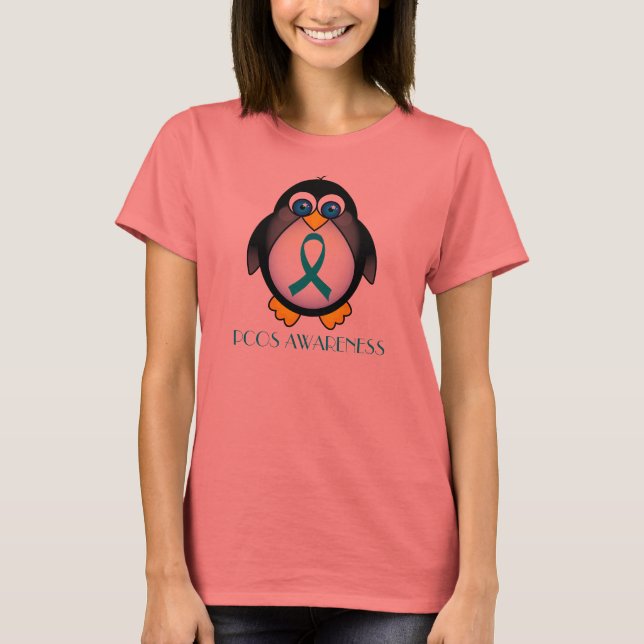 Camiseta Cinta verde azulada PCOS Pingüino Mujeres Ringer T (Anverso)