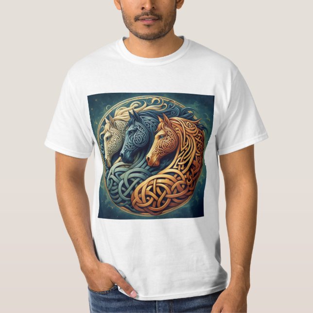 Camiseta  Círculo Celta: Simetría de Tres Caballos (Anverso)