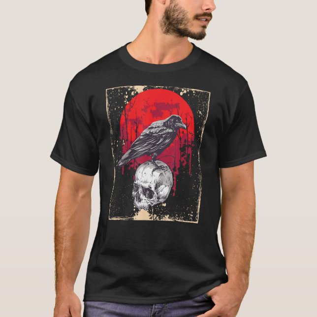 Camiseta Círculo gótico Raven Skull Rojo Moon Black Crow (Anverso)