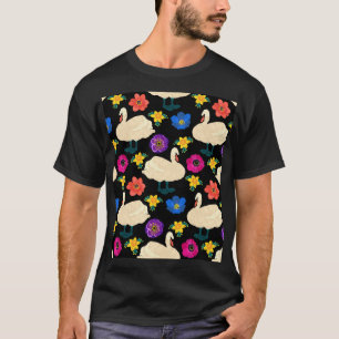 Camiseta Cisnes, flores, fondo negro dibujado a mano.