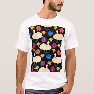 Camiseta Cisnes, flores, fondo negro dibujado a mano.