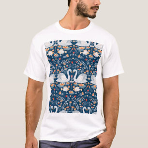 Camiseta Cisnes, peces, flores, patrones folclóricos.
