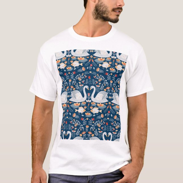 Camiseta Cisnes, peces, flores, patrones folclóricos. (Anverso)