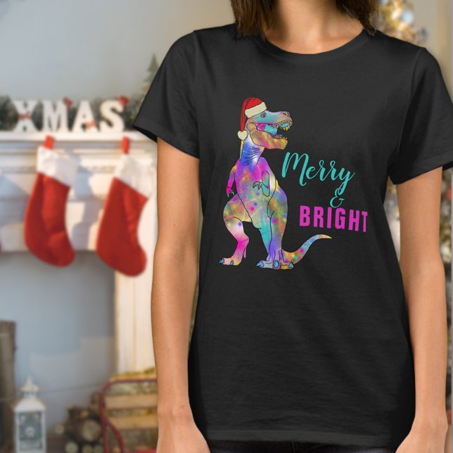 Camiseta Cita divertida de Santa T-Rex con mora y brillante (Merry and bright funny Christmas dinosaur T-shirt )