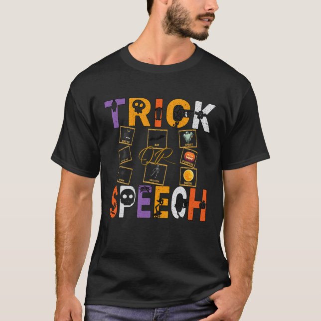 Camiseta Cita divertida de SLP, Trick O Speech Therapeen Ha (Anverso)