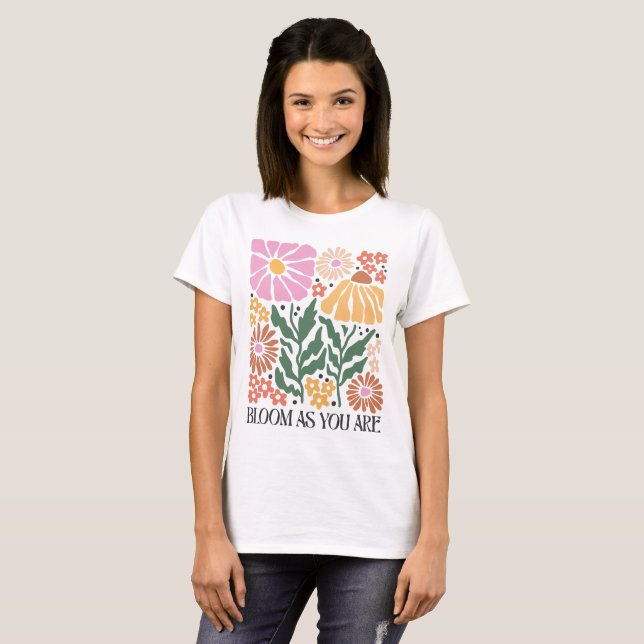Camiseta Cita Floral Retro Boho florece como tú (Anverso completo)