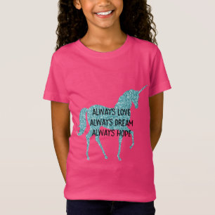 Camiseta Cita Inspiradora de Glitzy Purpurina Aqua Unicorn