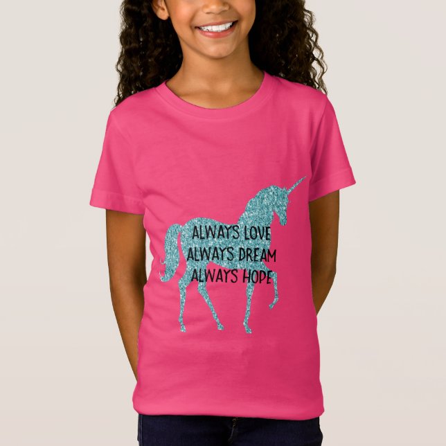 Camiseta Cita Inspiradora de Glitzy Purpurina Aqua Unicorn (Anverso)