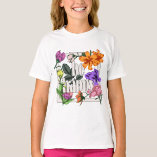 Camiseta Cita positiva Be Happy y flores de jardín