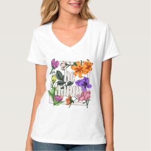 Camiseta Cita positiva Be Happy y flores de jardín