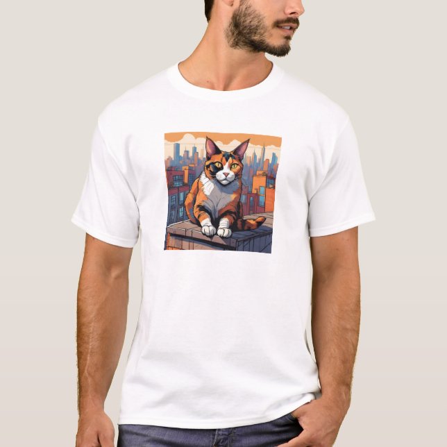Camiseta City Rooftop Cat - Urban Calico Charm (Anverso)