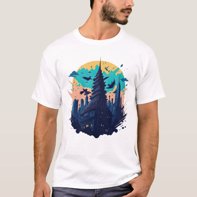 Camiseta Ciudad colorida del ciberpunk al estilo de Waterco (Anverso)