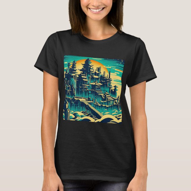 Camiseta Ciudad de Atlantis 1 - Estilo Woodblock (Anverso)