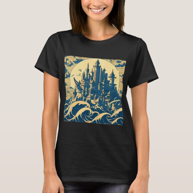 Camiseta Ciudad de Atlantis 3 - Estilo Woodblock (Anverso)