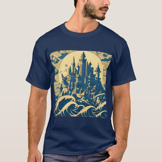 Camiseta Ciudad de Atlantis 3 - Estilo Woodblock (Anverso)