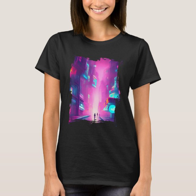 Camiseta Ciudad de vaporwave de las luces azules rosadas de (Anverso)