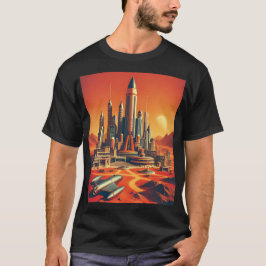 Camiseta Ciudad marciana futurista en rojos cálidos y azul