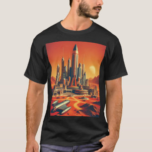 Camiseta Ciudad marciana futurista en rojos cálidos y azul