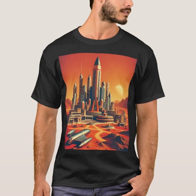 Camiseta Ciudad marciana futurista en rojos cálidos y azul  (Anverso)