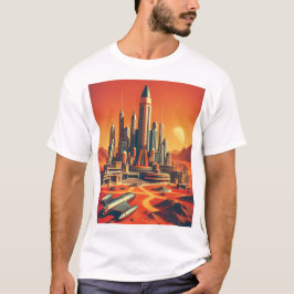Camiseta Ciudad marciana futurista en rojos cálidos y azul