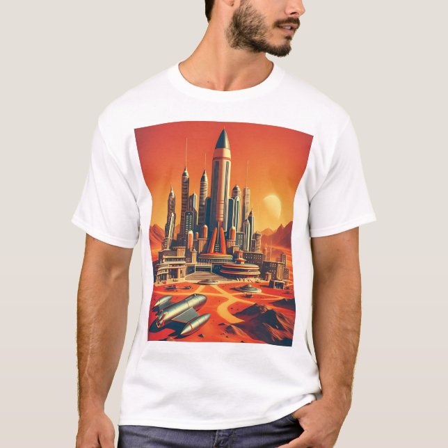 Camiseta Ciudad marciana futurista en rojos cálidos y azul  (Anverso)