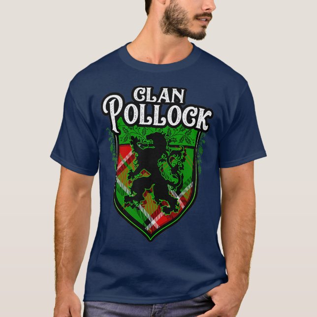 Camiseta Clan Pollock Surname Scottish Tartan Lion Escudo (Anverso)