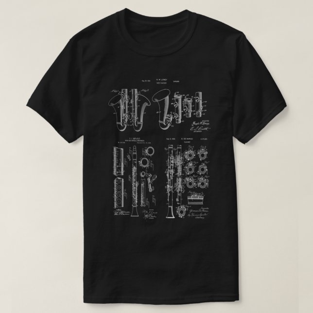 Camiseta Clarinet Musical Instrumental Patente Impresiones  (Diseño del anverso)