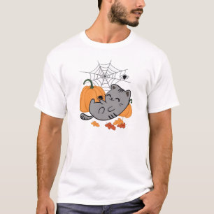 Camiseta Clásica de Gato de Halloween y Arañas